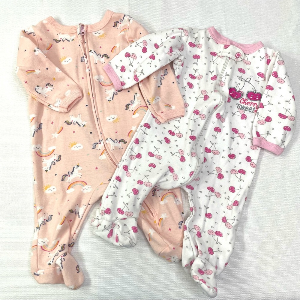 Baby Girls Bundle 0/3M Onesie with Footies / Pink Zip Front Girls Onsie / Cherry
